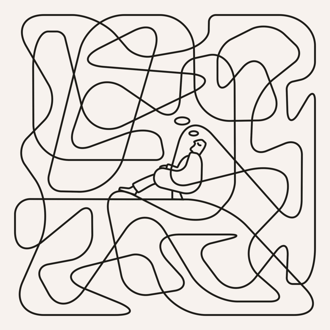 Line art illustration of a man reclining in a chair within a maze of black lines on a cream background, graphic art style.