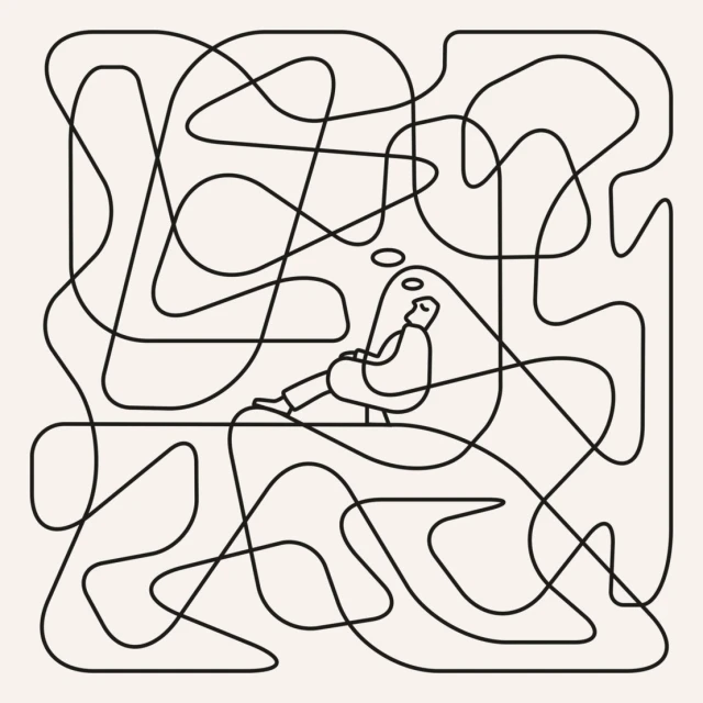 Line art illustration of a man reclining in a chair within a maze of black lines on a cream background, graphic art style.