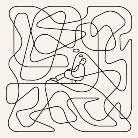 Line art illustration of a man reclining in a chair within a maze of black lines on a cream background, graphic art style.