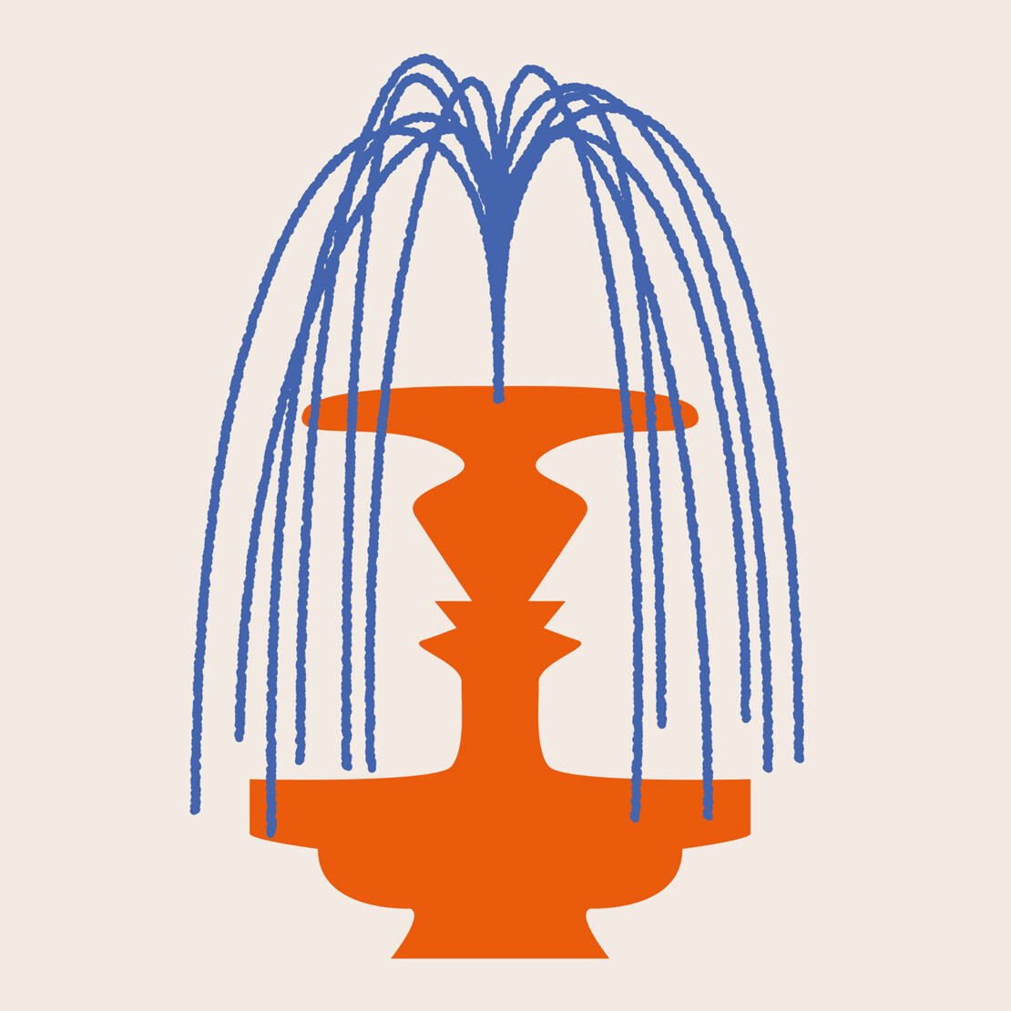 Illustration of an orange fountain with blue water streams on an off-white background, showcasing a retro artistic style.