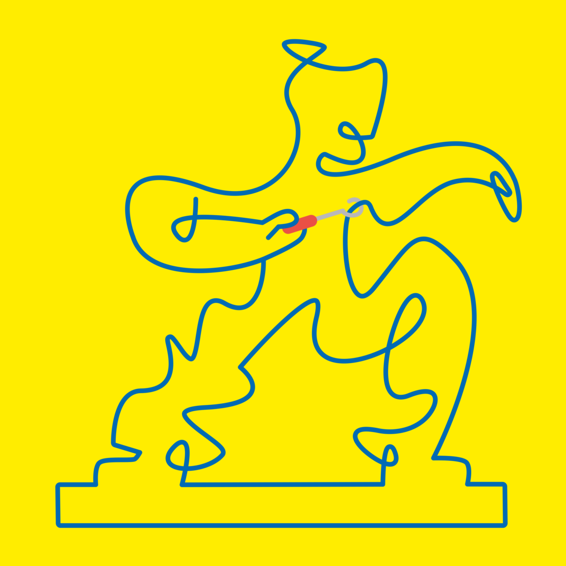 Abstract digital art of a person playing a guitar, rendered in a single blue line on a yellow background, creating a minimalist design.