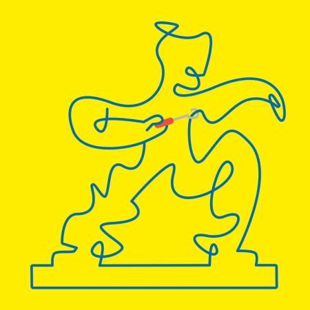 Abstract digital art of a person playing a guitar, rendered in a single blue line on a yellow background, creating a minimalist design.