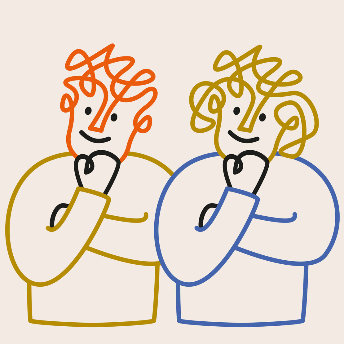 Line drawing of two stylized people with curly hair and hands to their faces, rendered in orange, gold, and blue on white.