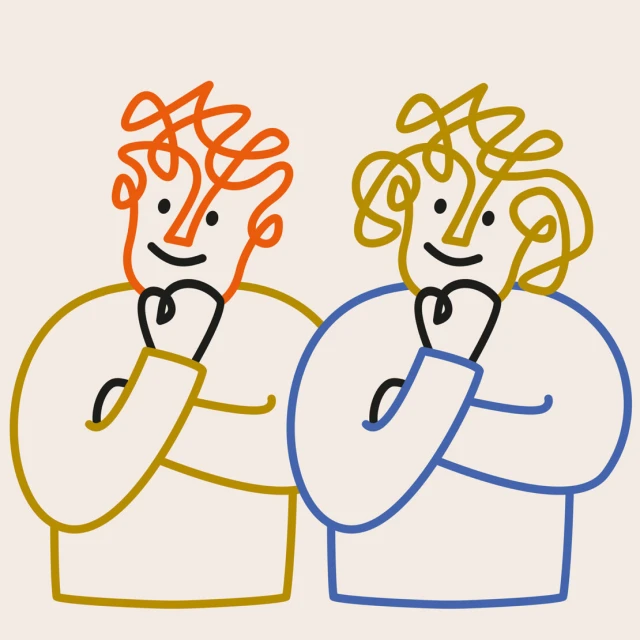 Line drawing of two stylized people with curly hair and hands to their faces, rendered in orange, gold, and blue on white.