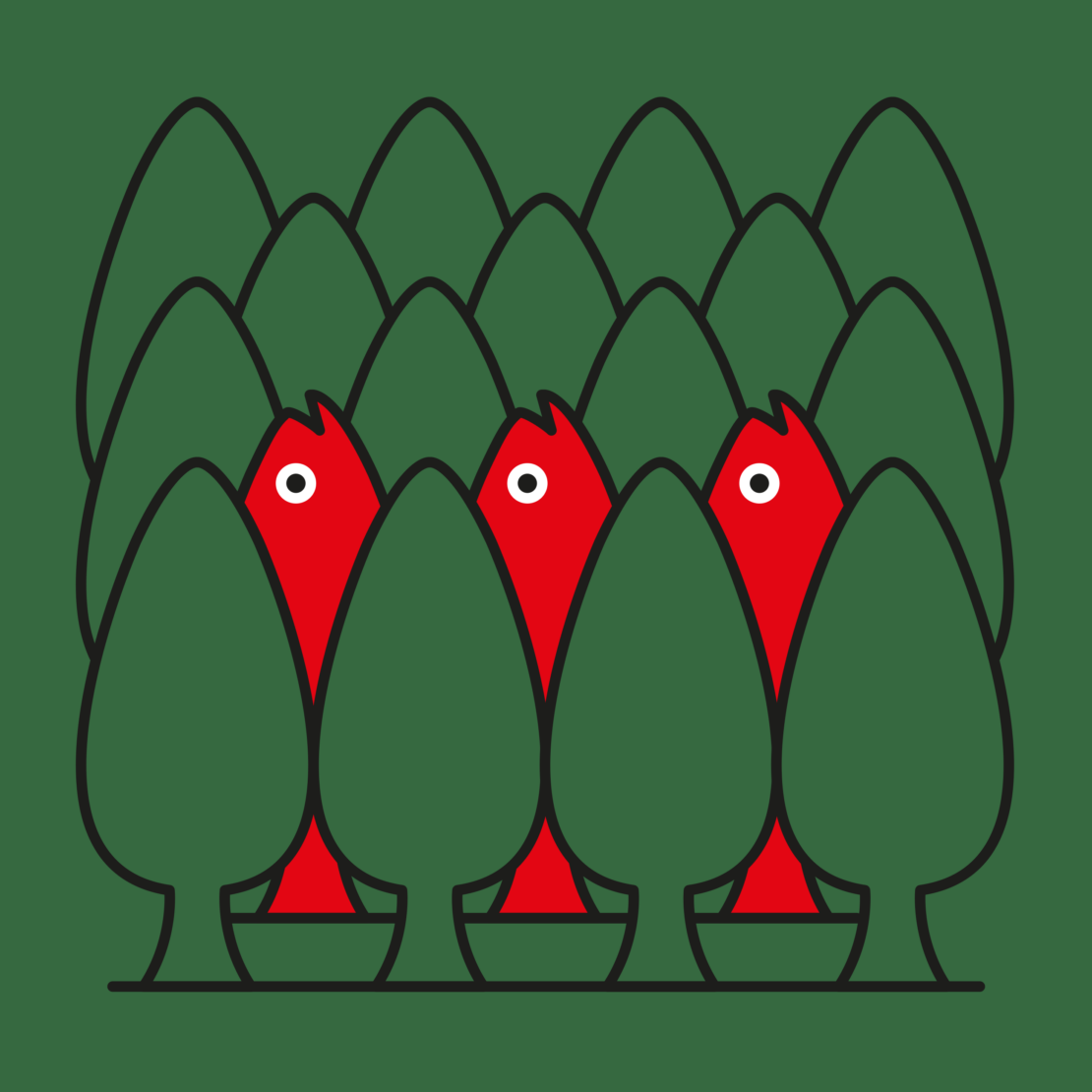 Illustration of a stylized forest with green trees and three red, cartoon-like creatures with white eyes peeking out from behind the trees.