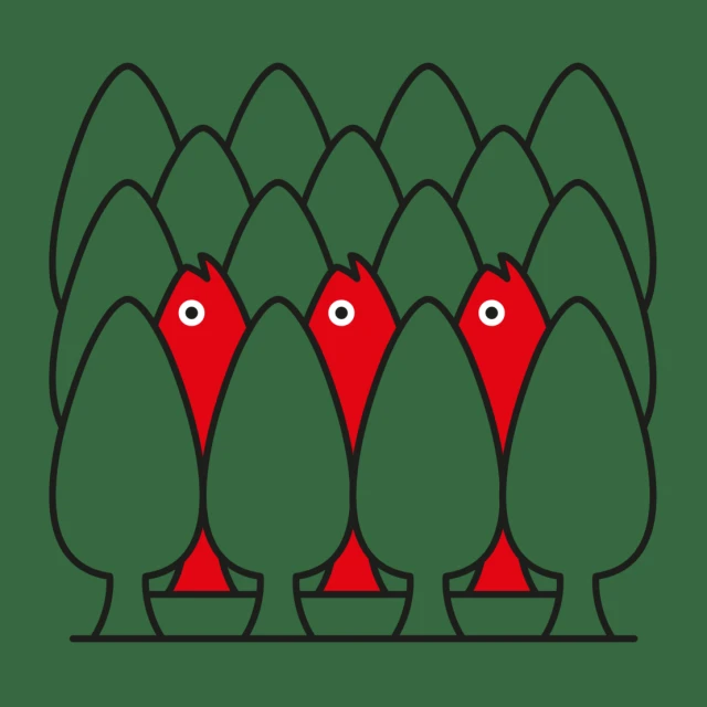 Illustration of a stylized forest with green trees and three red, cartoon-like creatures with white eyes peeking out from behind the trees.