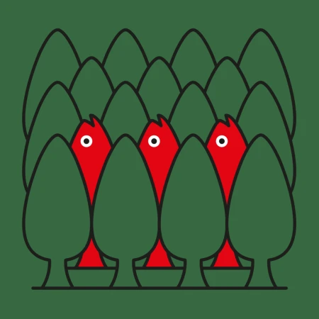 Illustration of a stylized forest with green trees and three red, cartoon-like creatures with white eyes peeking out from behind the trees.