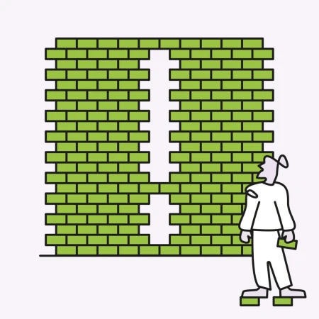 Illustration of a figure standing near a green brick wall with a vertical gap, created in a simple, outlined cartoon style.