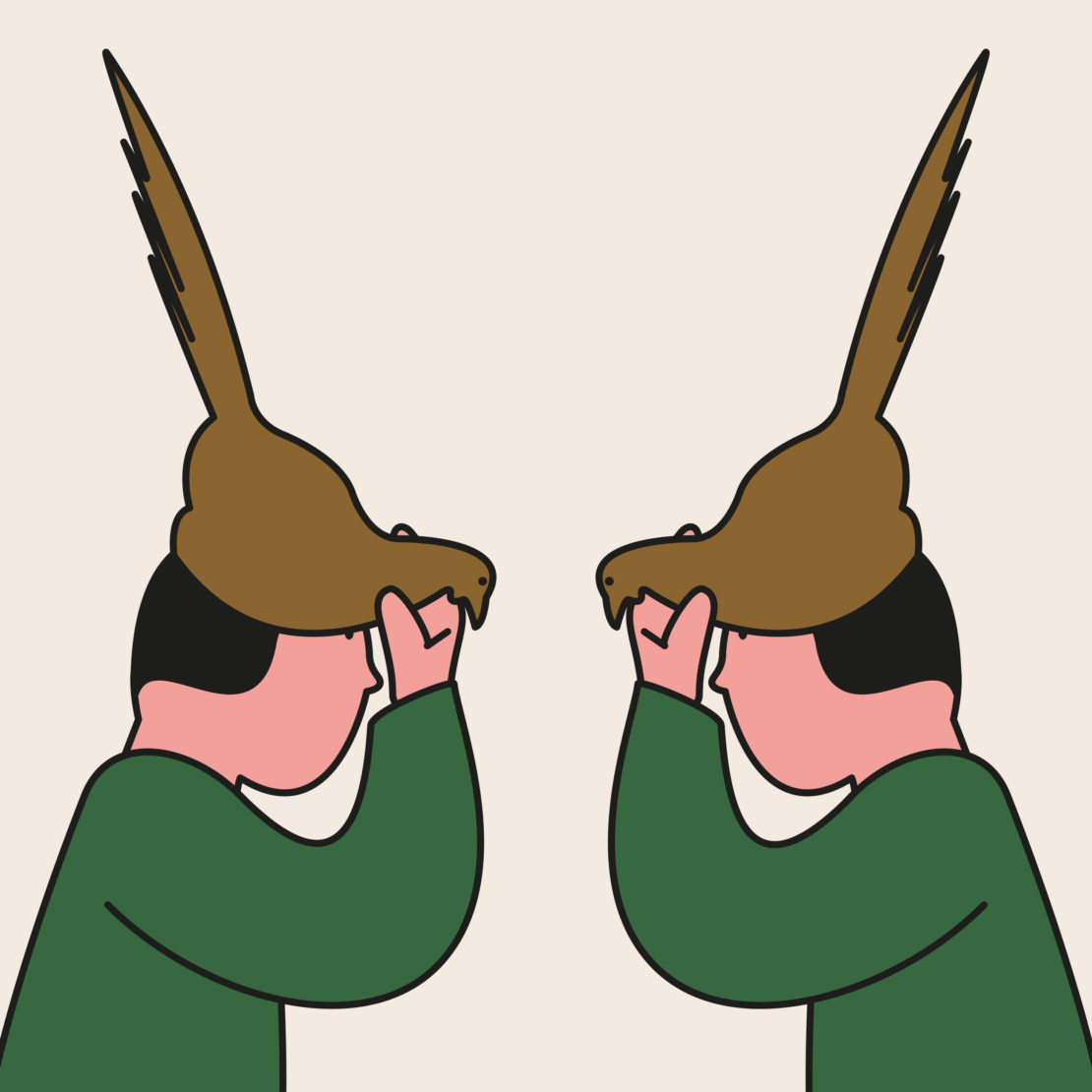 Illustration of two individuals facing each other, wearing brown bird-shaped hats with long feathers against a pale beige backdrop.