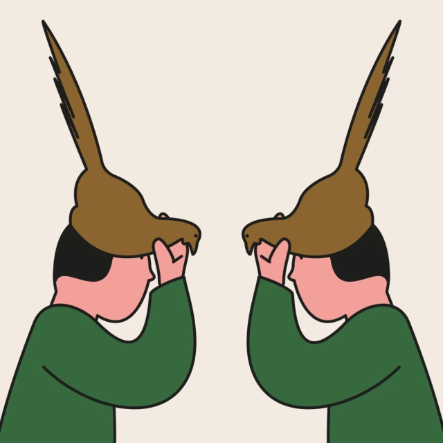 Illustration of two individuals facing each other, wearing brown bird-shaped hats with long feathers against a pale beige backdrop.
