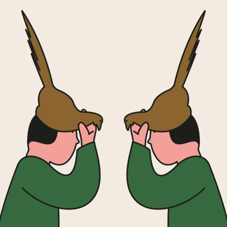 Illustration of two individuals facing each other, wearing brown bird-shaped hats with long feathers against a pale beige backdrop.
