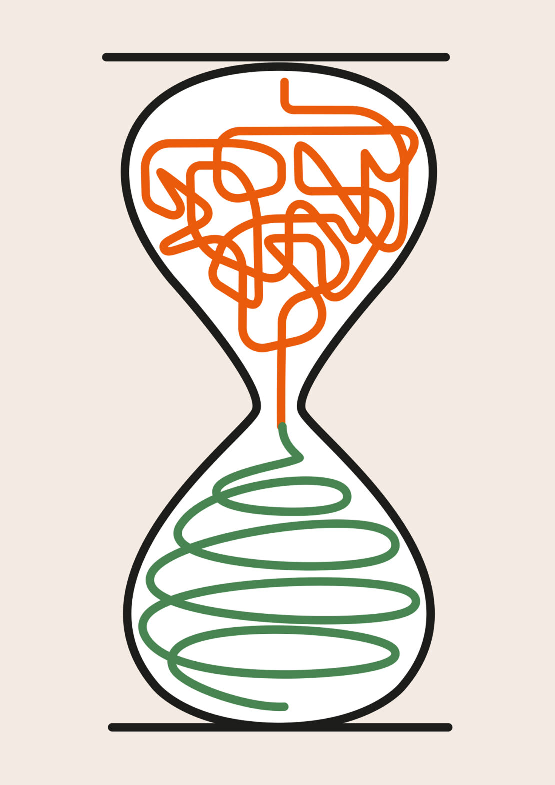 Hourglass illustration with a maze design; the top bulb shows a disorganized orange maze and the bottom has an organized green spiral.
