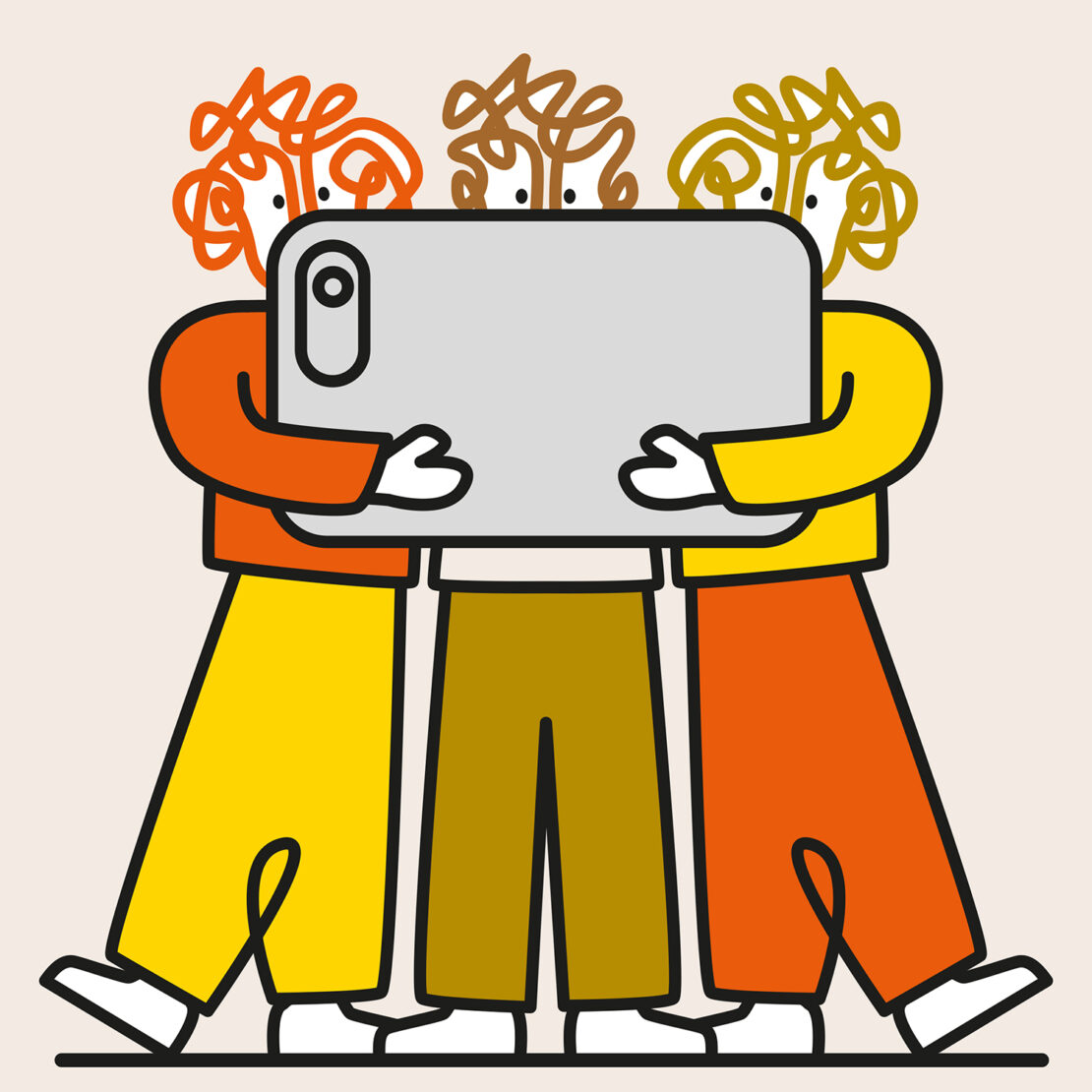 Whimsical illustration of three stylized figures holding a smartphone, rendered in flat design with bold outlines and muted colors.