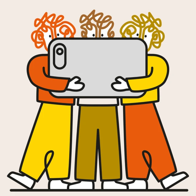 Whimsical illustration of three stylized figures holding a smartphone, rendered in flat design with bold outlines and muted colors.