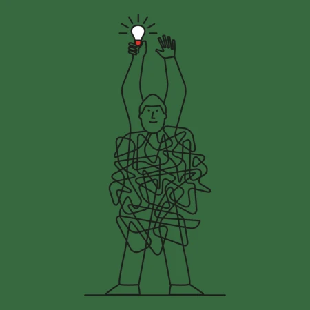Illustration of a man standing with arms raised, holding a light bulb above his head; a tangled line obscures his torso on green background.