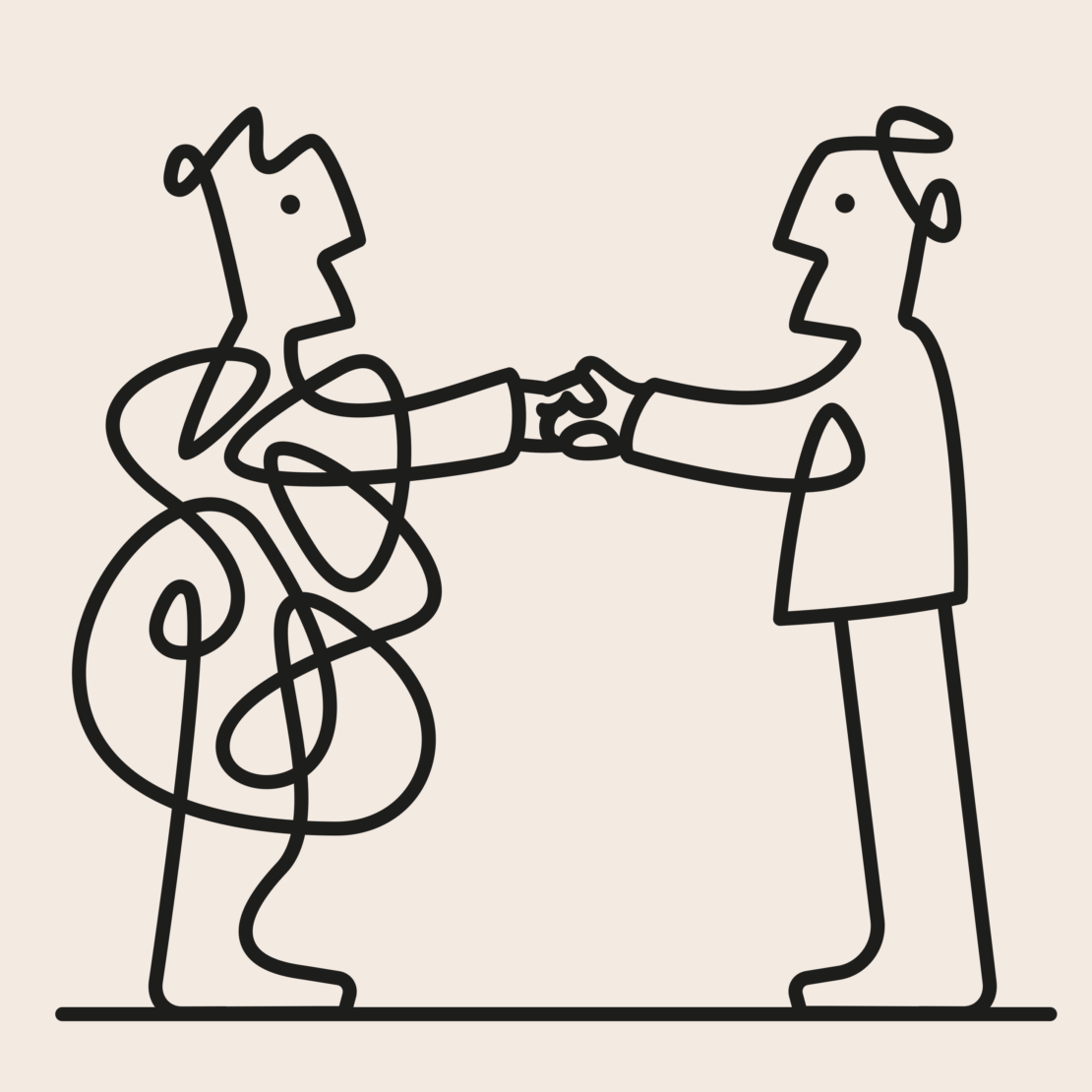 Line art of two stylized figures with arms outstretched to shake hands, one with a normal outline and one with a scribbled outline.