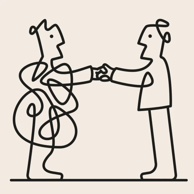 Line art of two stylized figures with arms outstretched to shake hands, one with a normal outline and one with a scribbled outline.