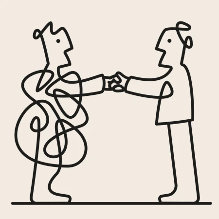 Line art of two stylized figures with arms outstretched to shake hands, one with a normal outline and one with a scribbled outline.