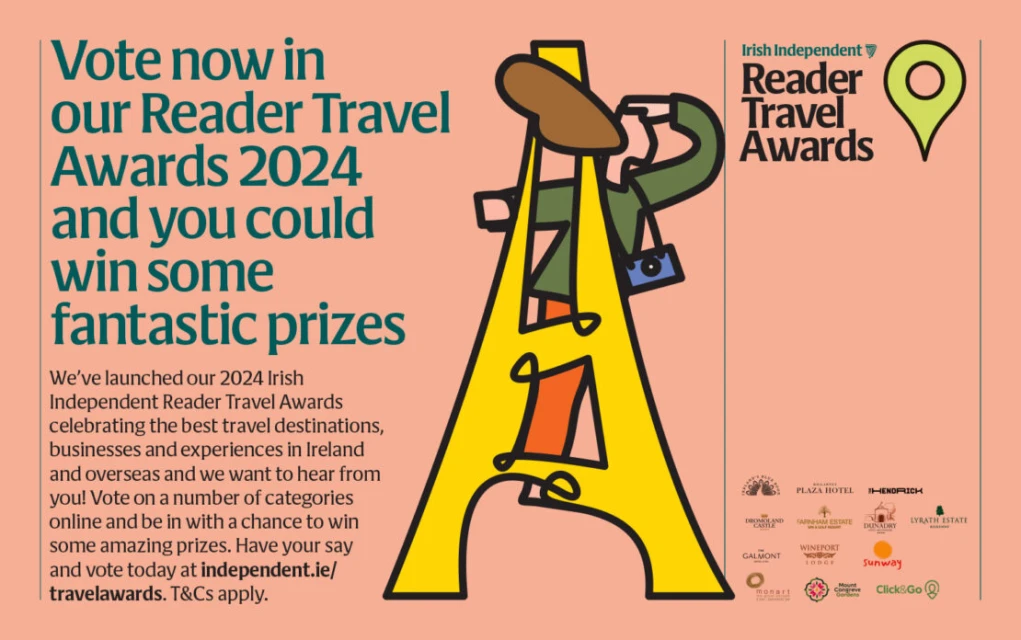 Travel ad illustration features a person climbing a yellow 'A' ladder shape, viewing with binoculars. Promotional travel awards and destinations.