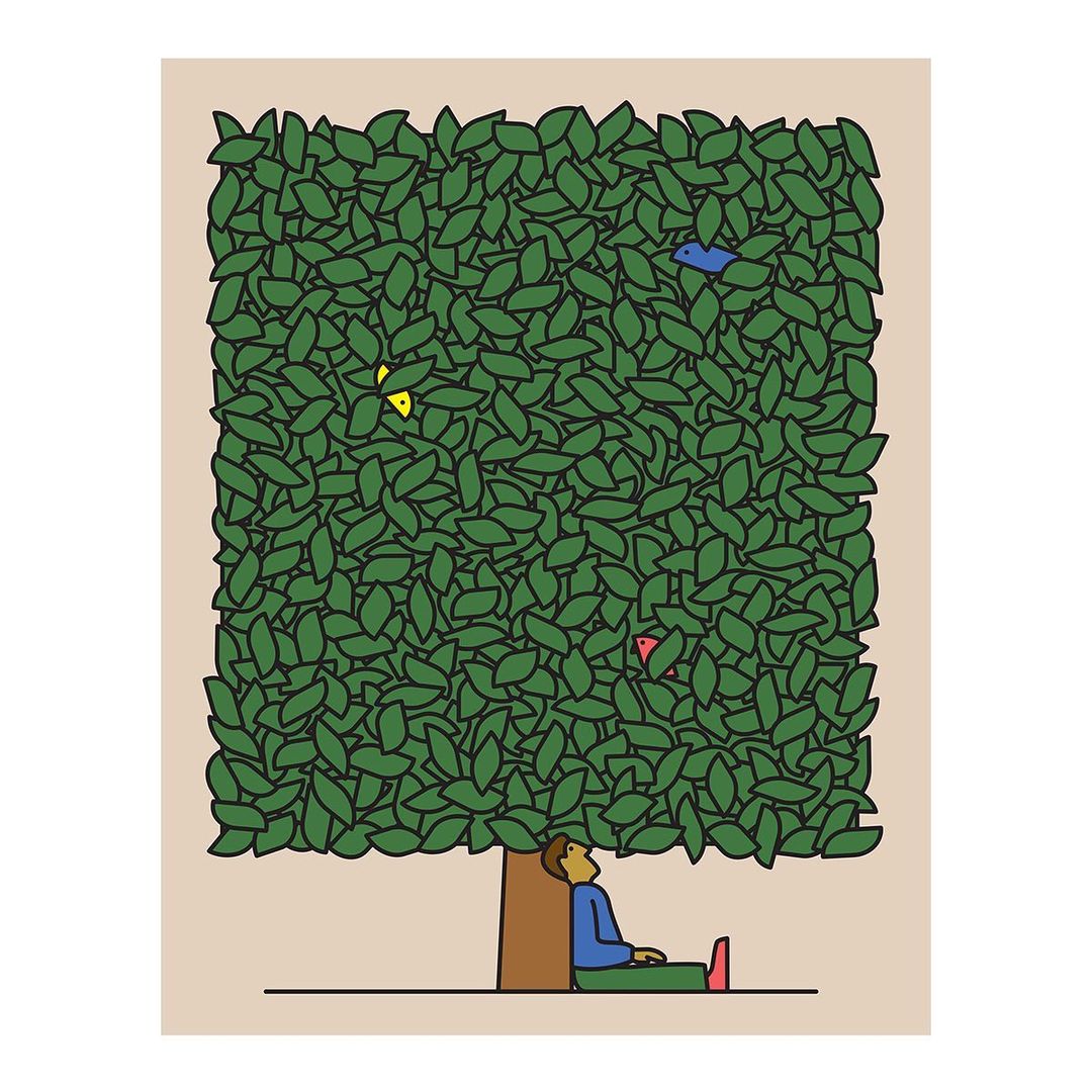 Illustration of a person sitting under a large, leafy tree with colorful birds among the leaves, in a cartoon art style.