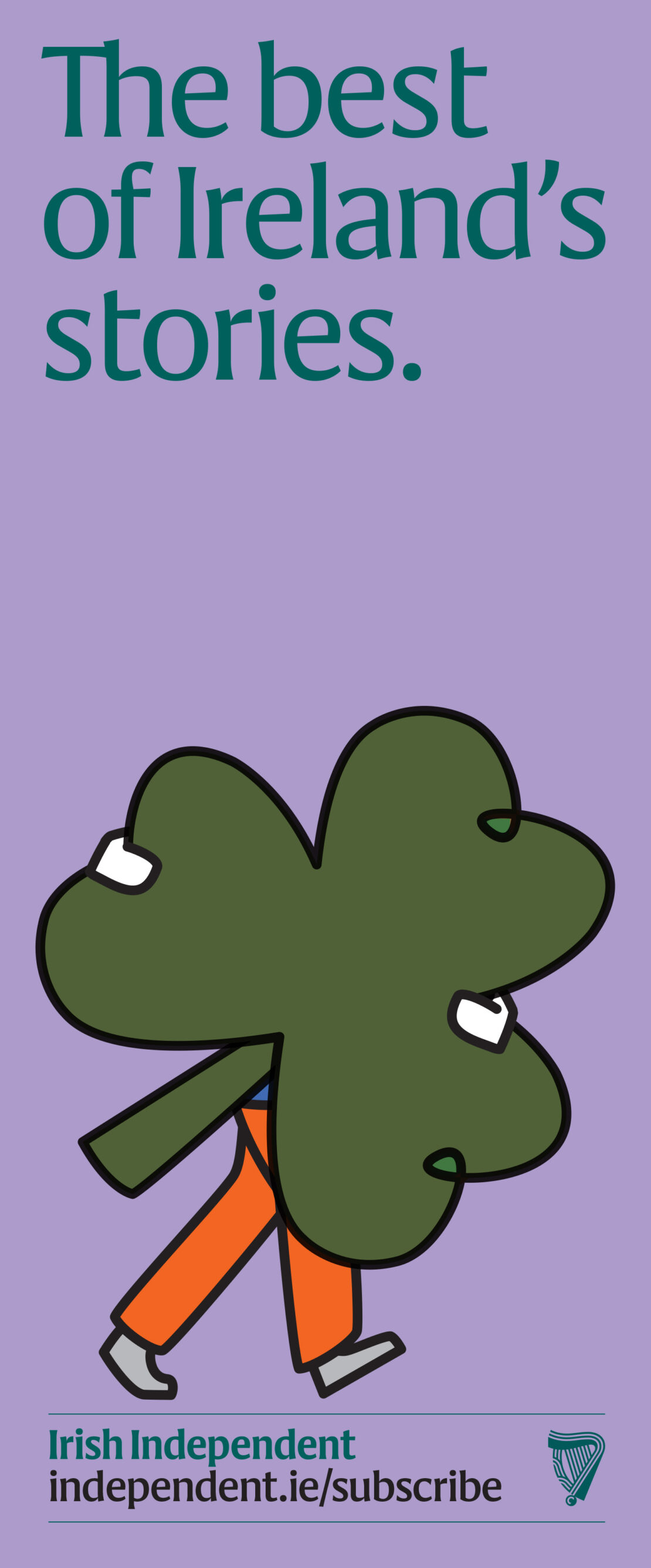 Illustrated poster on a purple background featuring a person disguised inside a large green shamrock costume walking.