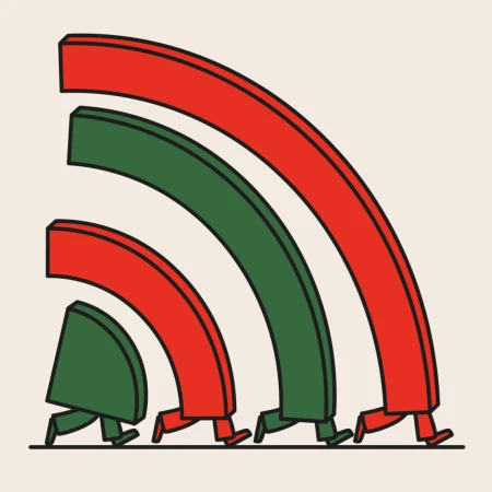 Illustrated graphic featuring four stylized figures carrying curved red and green bars like arches on their backs.
