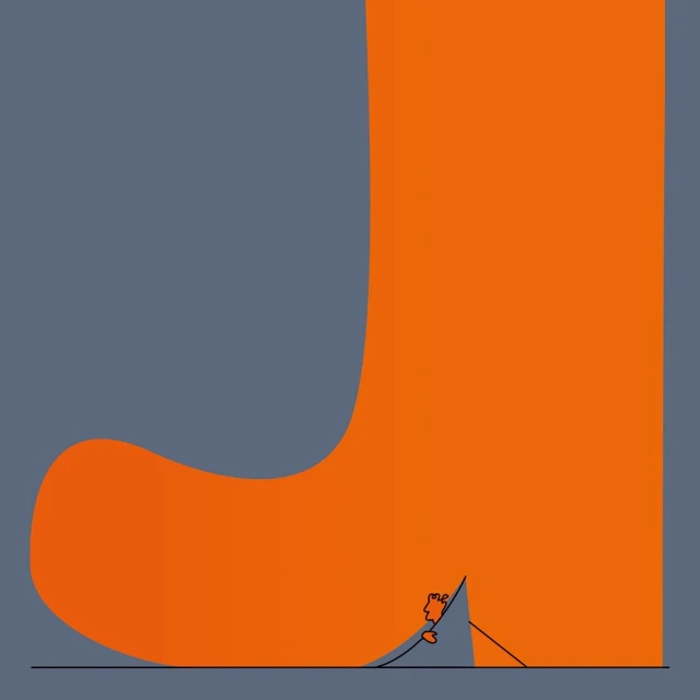 Conceptual illustration featuring small figures climbing an orange abstract shape against a gray background, evoking a sense of scale.