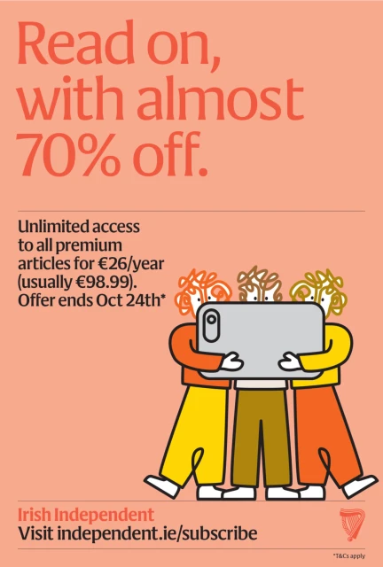 Illustration of three people holding a smartphone in front of them, advertising a subscription deal for Irish Independent.
