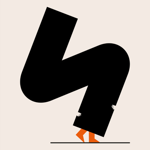 Abstract illustration of person with black body and orange feet standing on a black line against a light beige background.