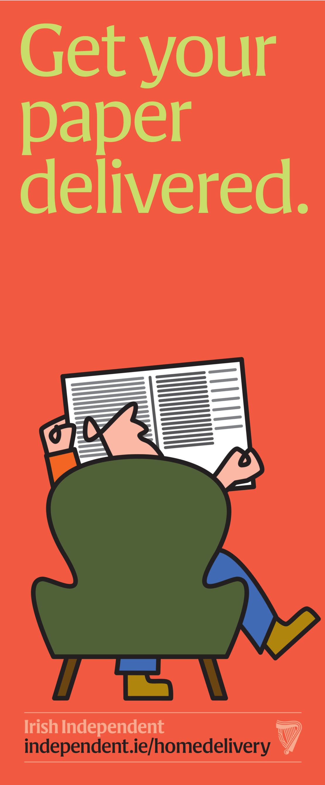 Illustrated vertical poster featuring a person reading a newspaper in an armchair against a solid orange background.