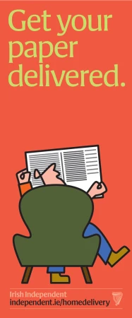 Illustrated vertical poster featuring a person reading a newspaper in an armchair against a solid orange background.