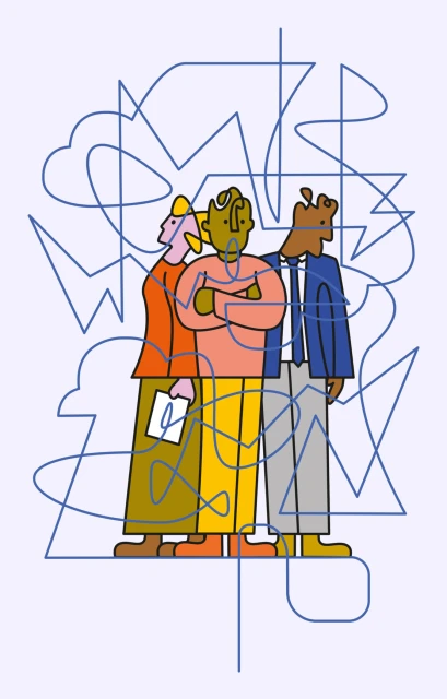 Illustration of three standing figures with arms crossed and holding papers, set against a light purple backdrop with tangled blue lines.