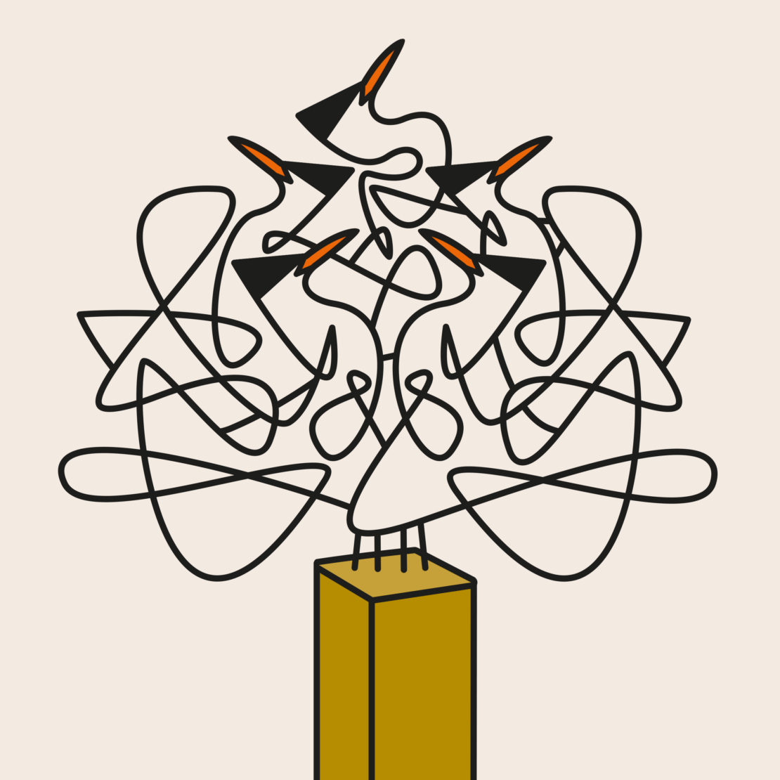Abstract illustration of a minimalist tree shape, featuring black arrow-shaped elements, connected by looping lines, set on a gold stand.