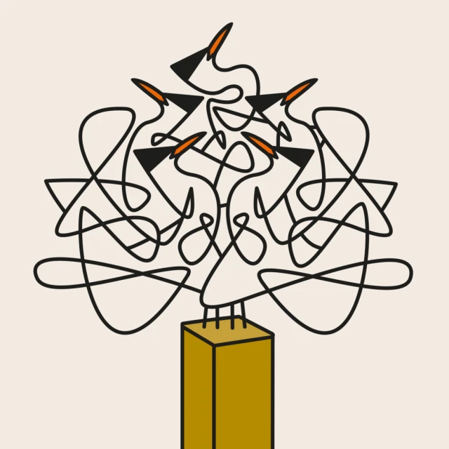 Abstract illustration of a minimalist tree shape, featuring black arrow-shaped elements, connected by looping lines, set on a gold stand.