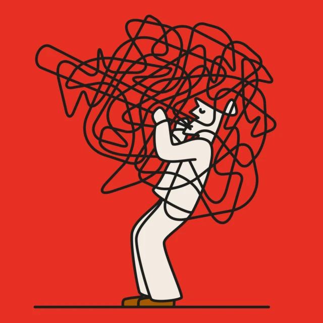 Illustration of a man overwhelmed by tangled black lines against a red background, evoking stress and mental health themes.