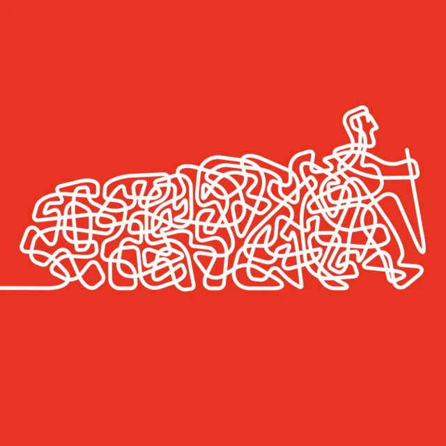 Abstract line art illustration on a red background featuring a person walking with a stick surrounded by complex, tangled lines.