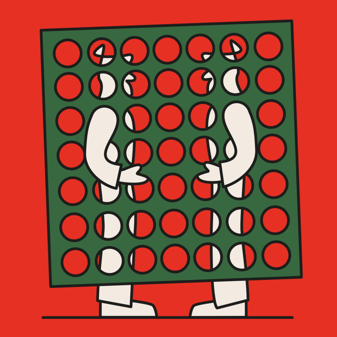 Whimsical illustration of Connect Four game pieces with arms and legs on a red background, rendered in a flat, graphic style.