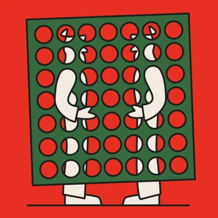 Whimsical illustration of Connect Four game pieces with arms and legs on a red background, rendered in a flat, graphic style.