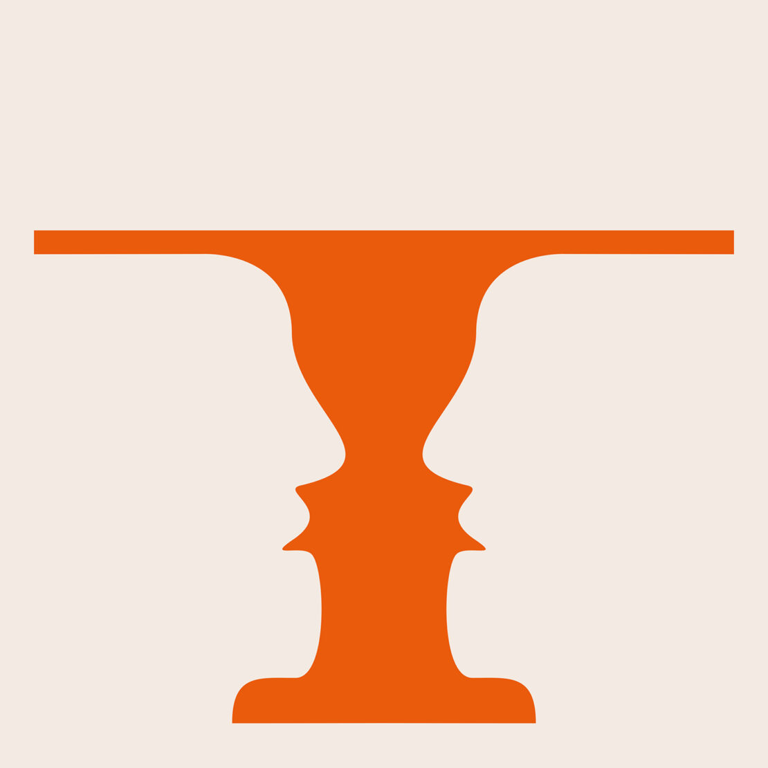 Optical illusion artwork features an orange Rubin vase on an off-white background, also resolving into two human face silhouettes.