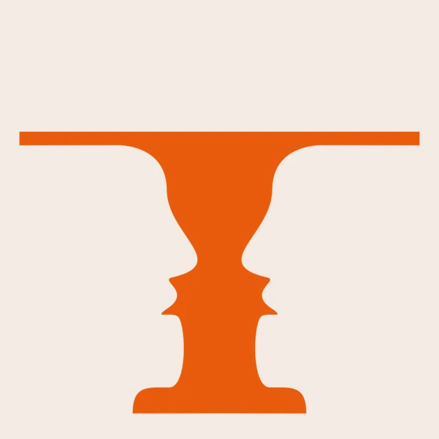Optical illusion artwork features an orange Rubin vase on an off-white background, also resolving into two human face silhouettes.