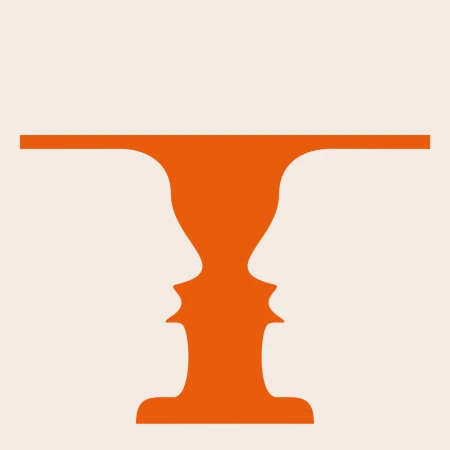 Optical illusion artwork features an orange Rubin vase on an off-white background, also resolving into two human face silhouettes.