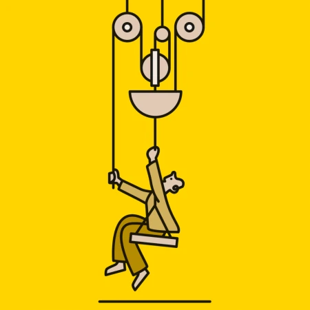 Illustration of a man sitting on a swing supported by a pulley system against a yellow background. The art style is clean and modern.
