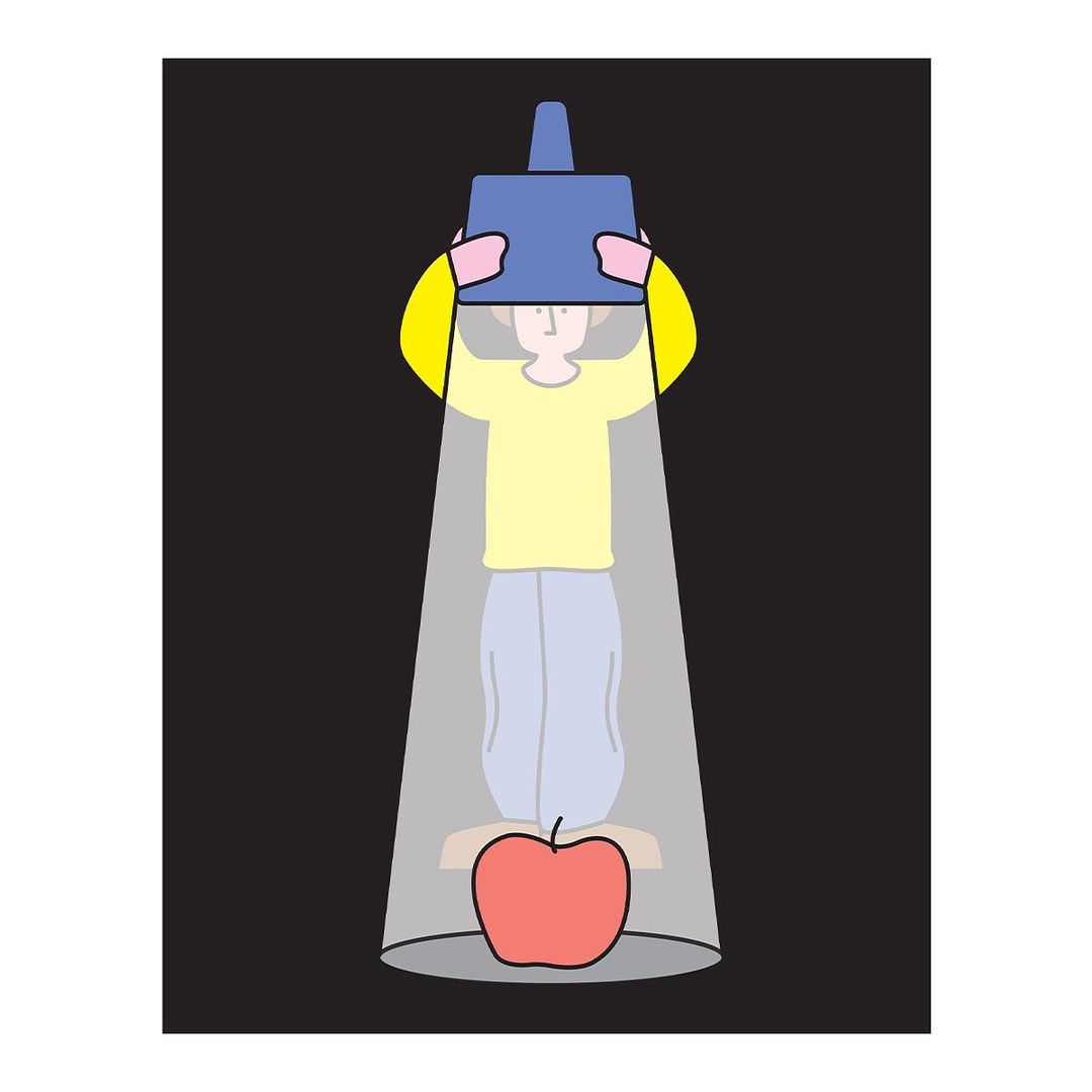 Illustration of a child holding a light above an apple. Beam of light shines on the fruit, set against a solid black background.