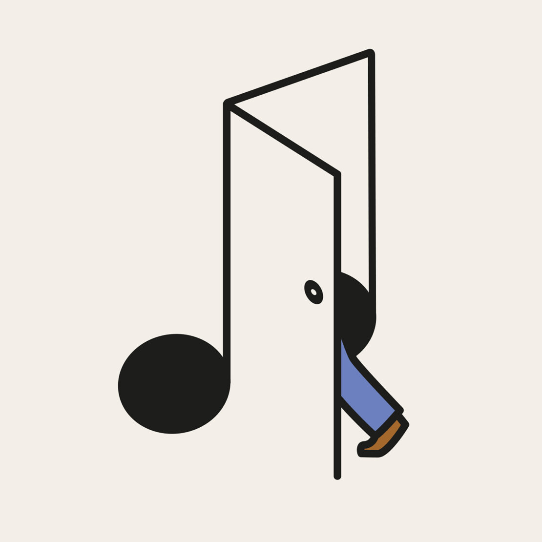Illustration of a musical note shaped doorway, with a person walking out, rendered in a simple, graphic style against a light background.
