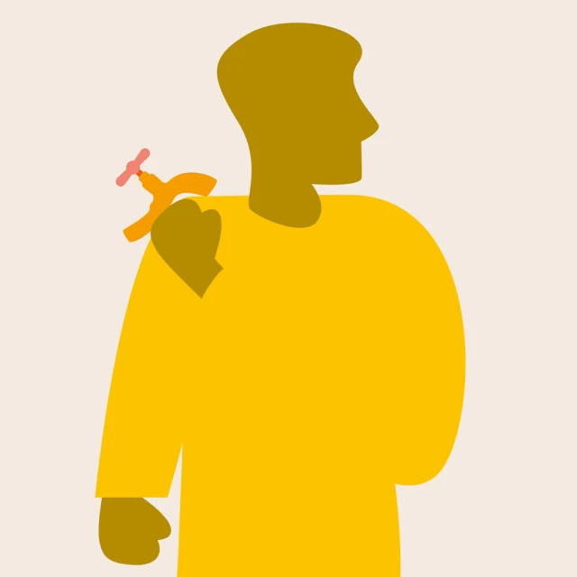 Abstract illustration of a person in yellow with a faucet on their shoulder, set against a light background with vector graphic style.