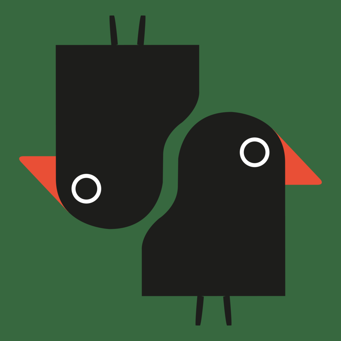 Geometric art of two black birds with red beaks against a green background, rendered in a minimalist, graphic style.