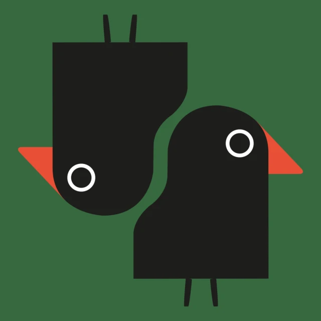 Geometric art of two black birds with red beaks against a green background, rendered in a minimalist, graphic style.