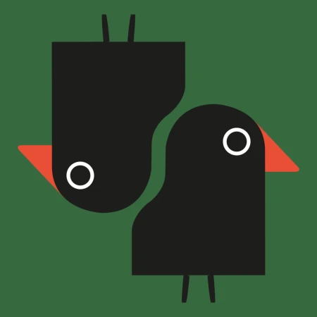 Geometric art of two black birds with red beaks against a green background, rendered in a minimalist, graphic style.