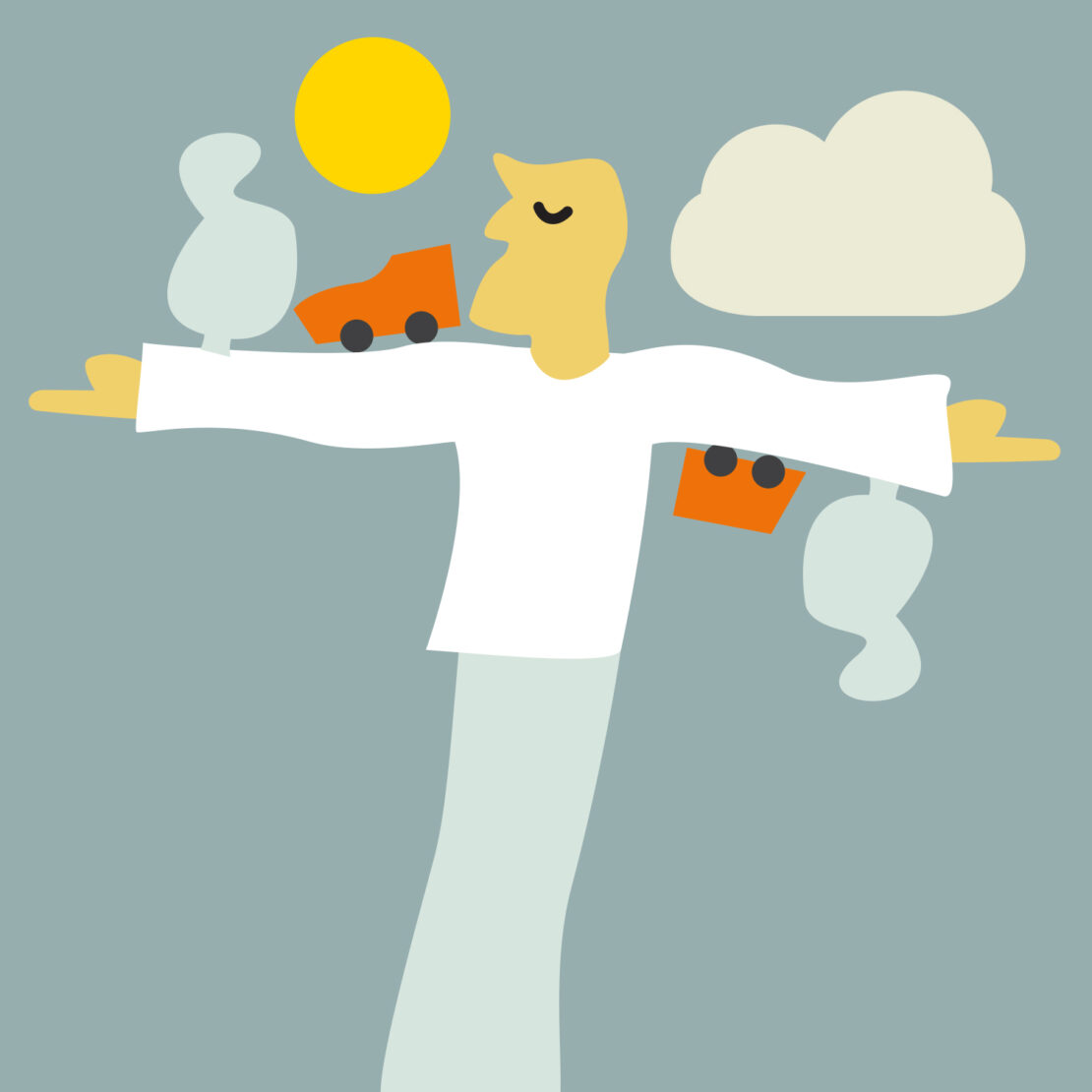 Abstract graphic art featuring a stylized person with outstretched arms, cars on shoulders, a sun, cloud, and tree shapes on a gray background.