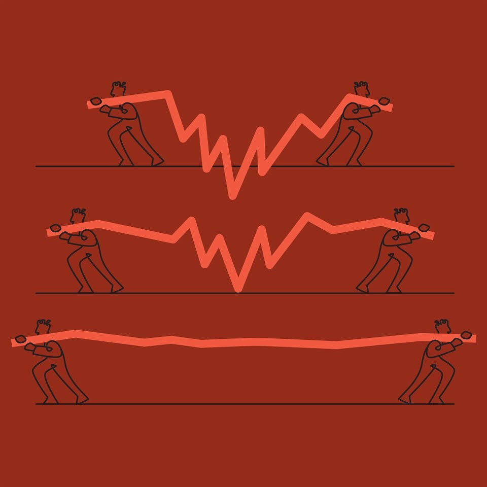 Minimalist illustration of three horizontal lines with figures holding onto a fluctuating orange line against a solid red backdrop.